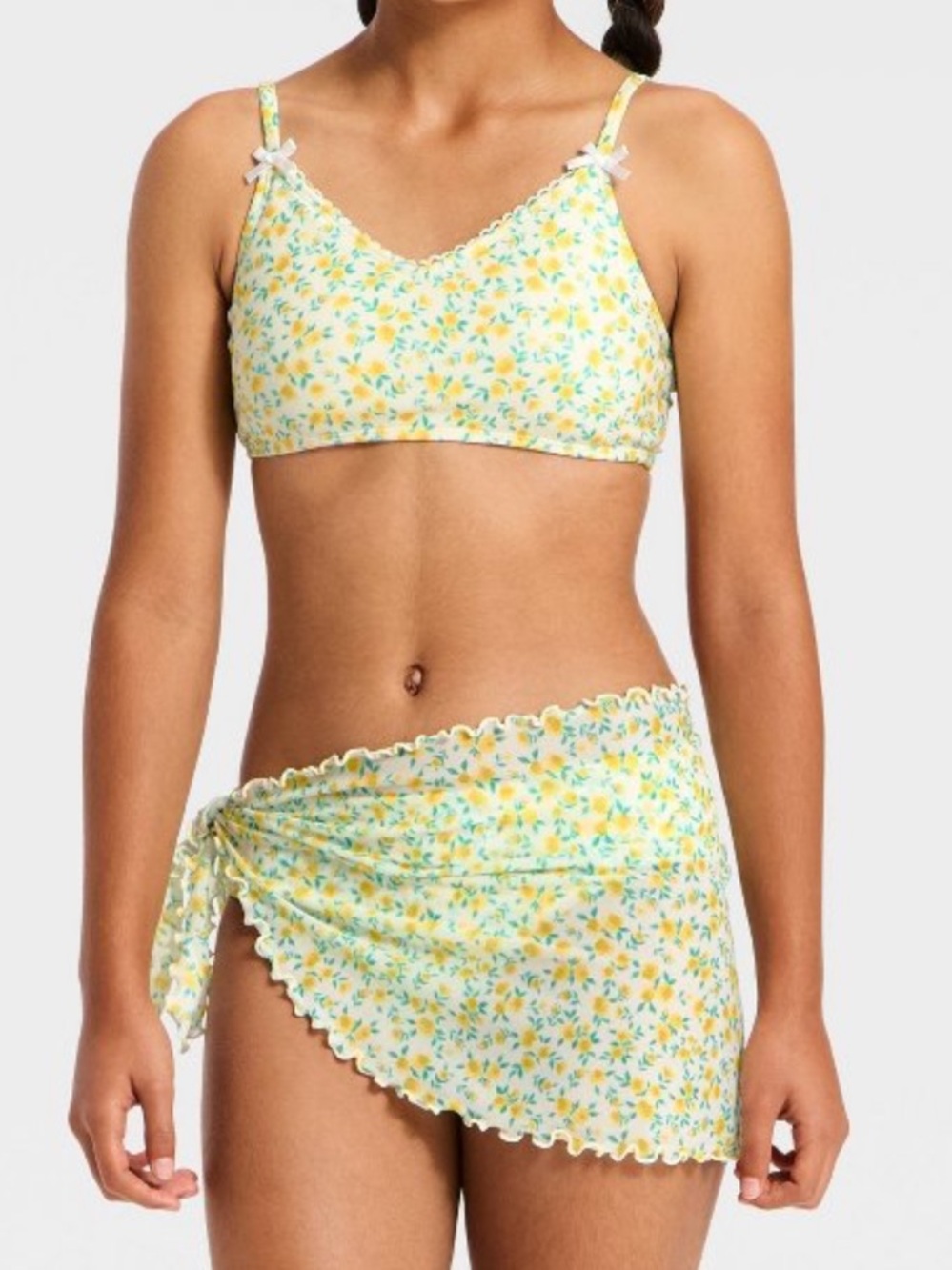 Girl's Yellow & Green Floral Bikini with Wrap Swim Skirt